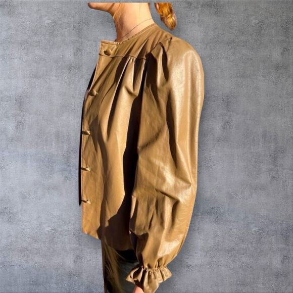 Vintage Porscha By Winter Collarless Ruffle Cuffs Minimalist Leather Jacket - Picture 7 of 8
